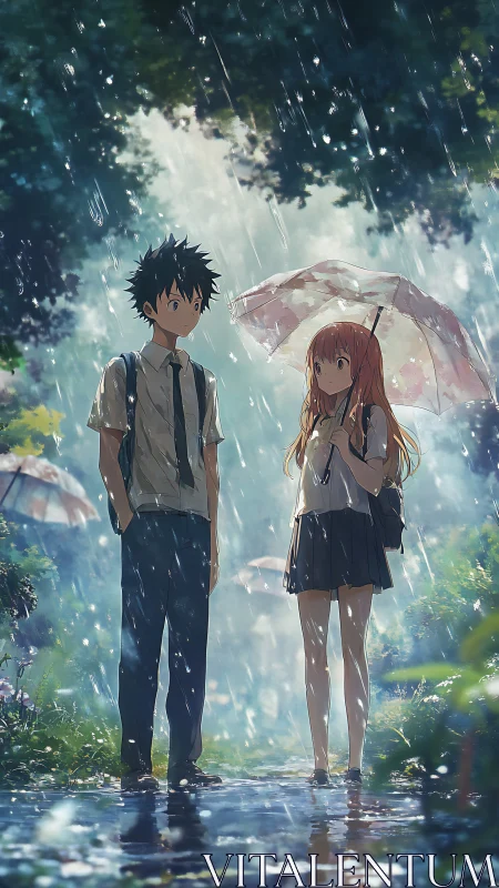 Rainlit schoolyard hush as shy hearts share one umbrella.