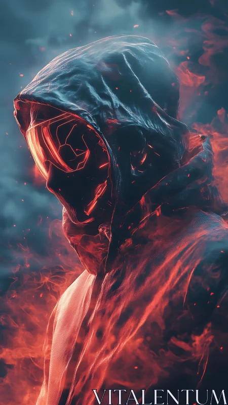 Hooded cyber figure stands in swirling embers and cold mist