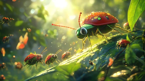 Curious ladybugs explore a glowing forest leaf together