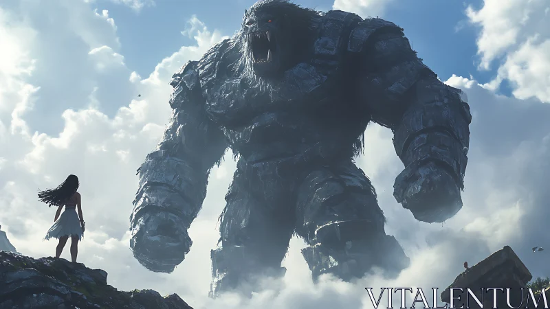 Colossal stone titan confronting lone woman amid clouds.