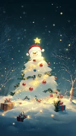 Snowy Christmas tree glows under night sky with snowman topper