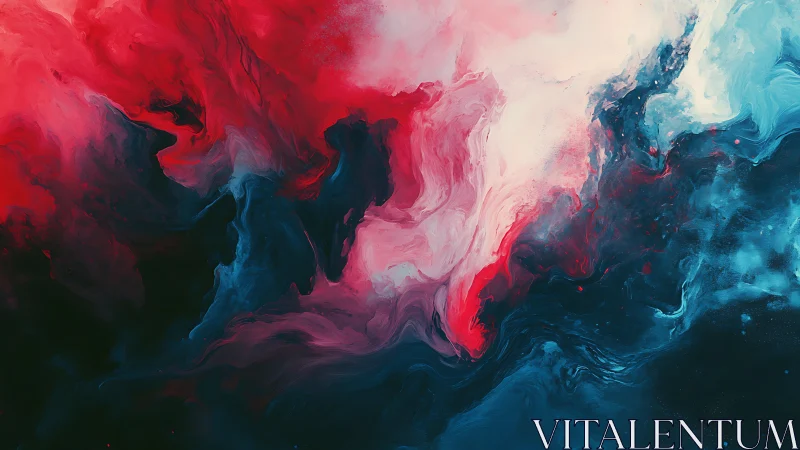 Abstract red and blue fluid clouds swirl across dark space