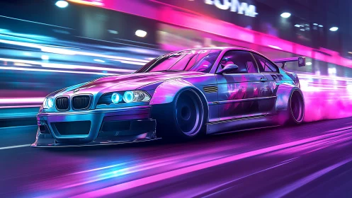 Modified sports coupe moves through neon lit urban roadway