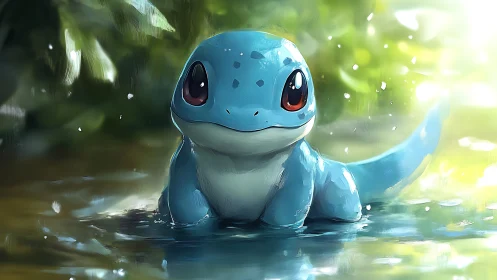 Digital painting study of cute blue creature in dappled water light.