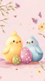 Pastel chicks and patterned eggs rendered in soft digital brushwork