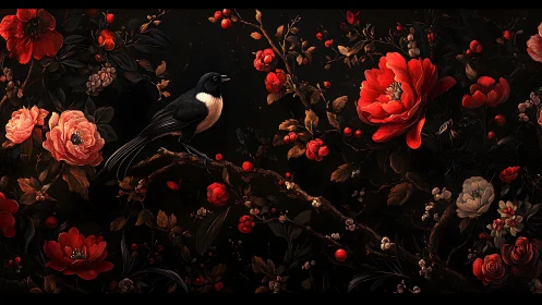 Magpie perched amid dark crimson peonies and berries.