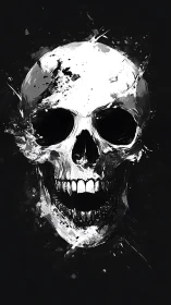 Monochrome human skull rendered with splattered brushwork.