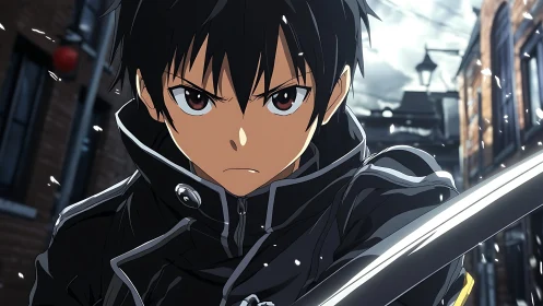 Determined anime swordsman advances through a snowy alleyway.