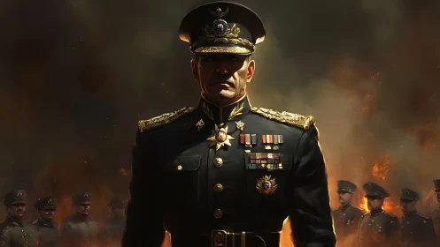 Ironclad general strides through embers of a burning command.