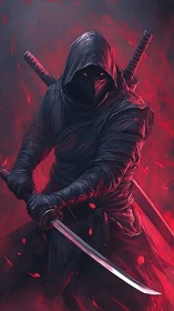Hooded ninja grips twin katanas against red glowing backdrop