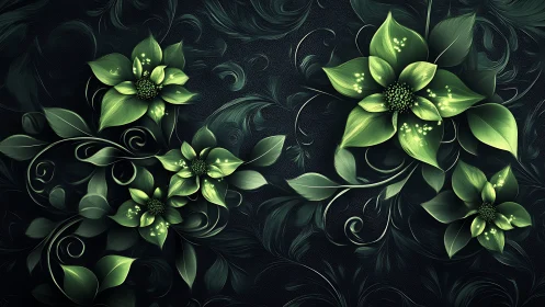 Digital rendering depicts stylized green flowers on dark field