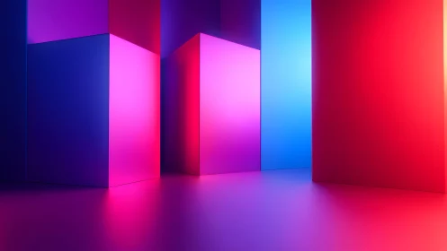Vibrant geometric blocks with neon lighting in abstract style.