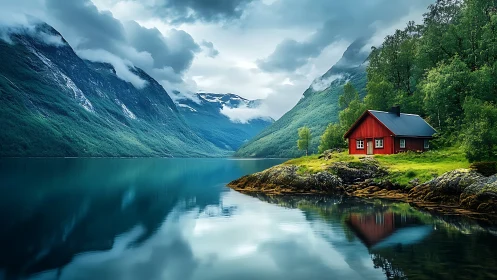 Mountain lake cabin glows beside mirrored Nordic waters.