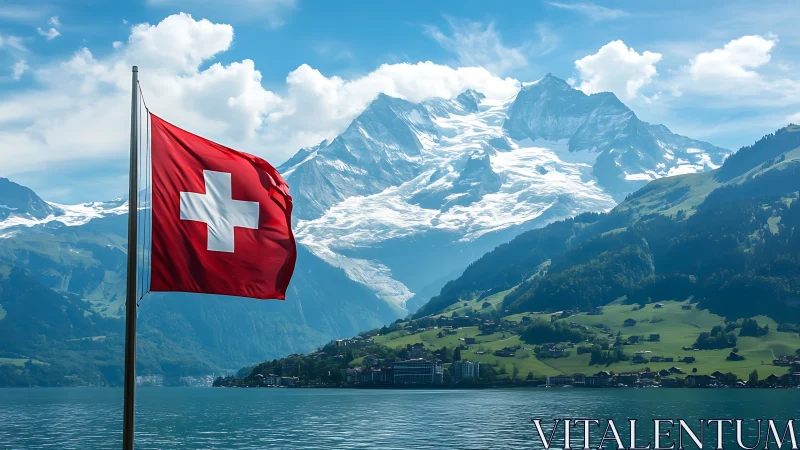 Swiss flag over alpine lake with snowcapped mountain backdrop.