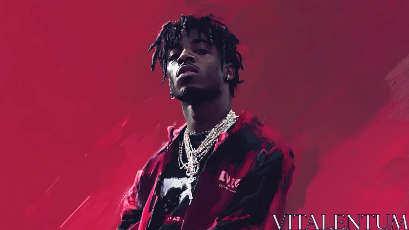 Digital painting portrait with high-contrast crimson field background.