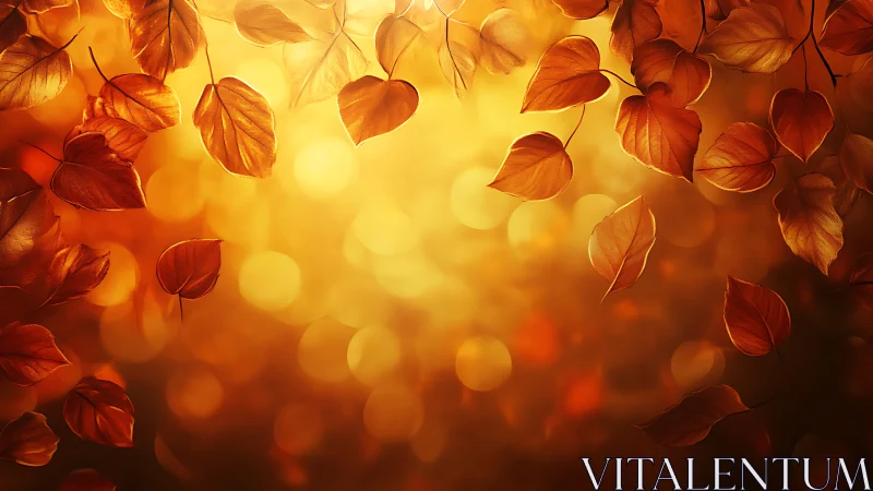 Golden autumn leaves glow softly in warm evening light