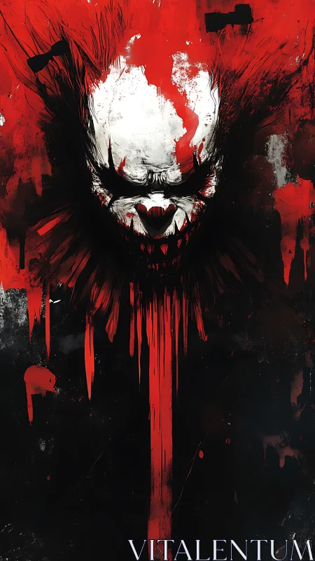 Menacing clown visage in splattered red abstraction.