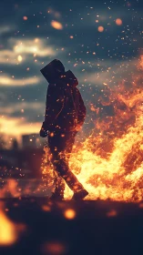 Figure Immersed in Flame Against Dark Sky.