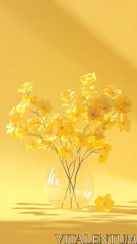 Monochromatic yellow floral arrangement in translucent vase with volumetric lighting