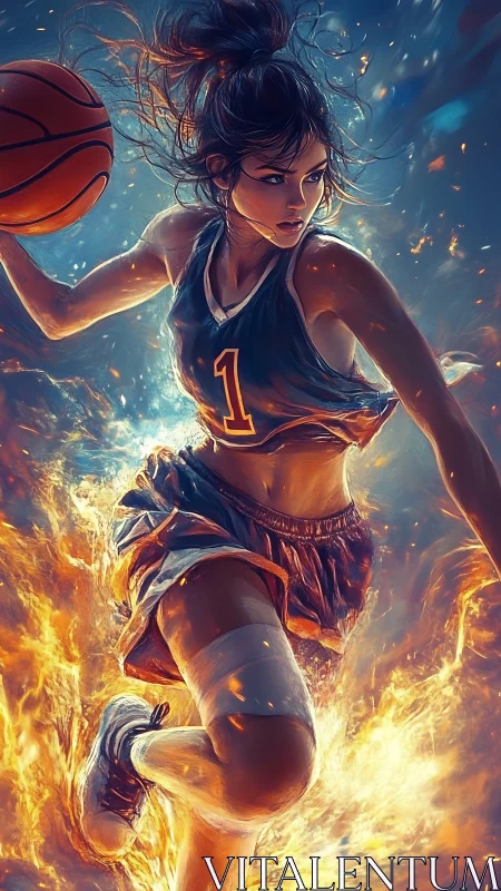 Fiery digital painting of intense female basketball drive.