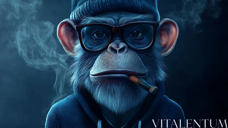 Brooding hoodie chimp with cigar and midnight neon mood.
