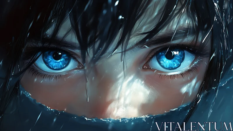 Iridescent cyan eyes under refracted snow-lit shadows.