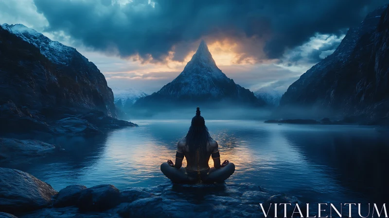 Mystic yogi contemplates a glowing mountain at twilight.