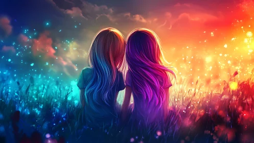 Two silhouetted figures amid luminous particles transitioning through chromatic spectrum