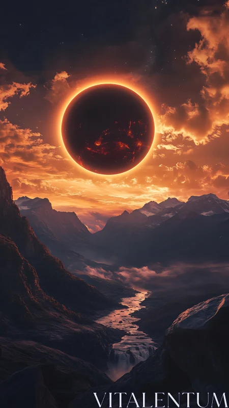 Digital painting of eclipse over cinematic mountain valley panorama.