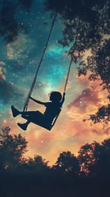 Child silhouette on swing against cosmic twilight sky.