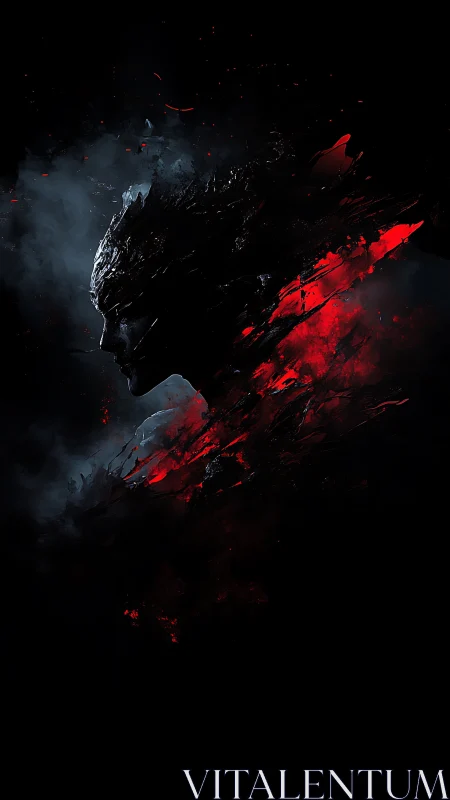 Dark cracked warrior profile dissolves into red shards