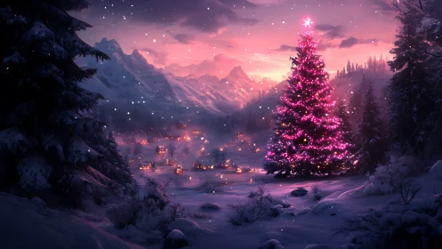 Glowing pink Christmas tree brightens a snowy mountain valley