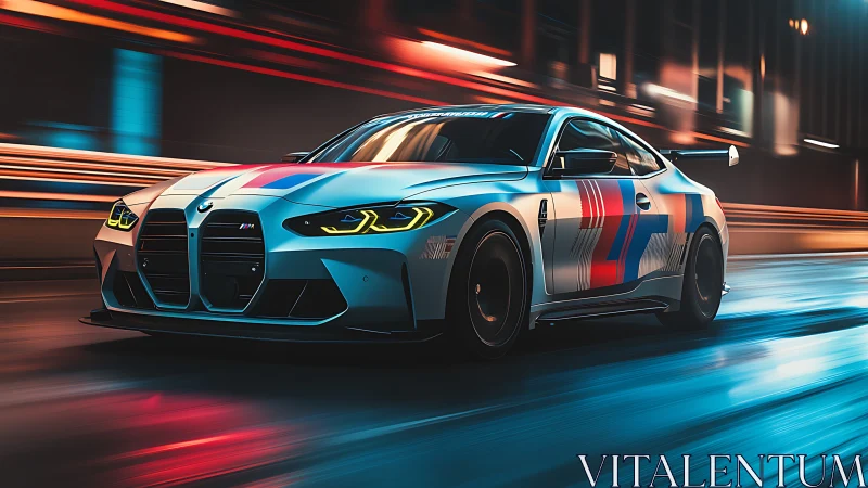 Digital racing coupe in dynamic neon tunnel motion study.