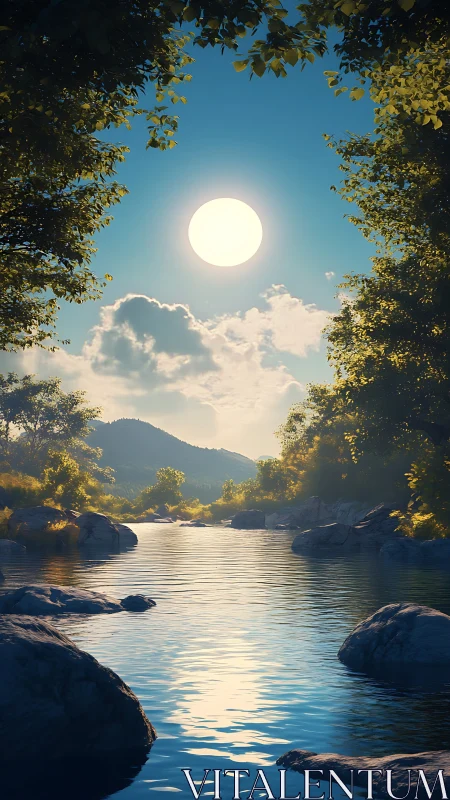 Radiant sun illuminates tranquil river and distant hills.