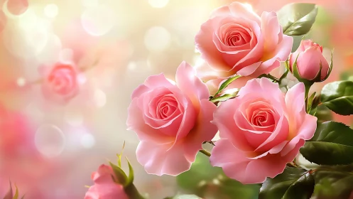 Coral Garden Roses: Luminous Petals Against Soft-Focus Bokeh Background.