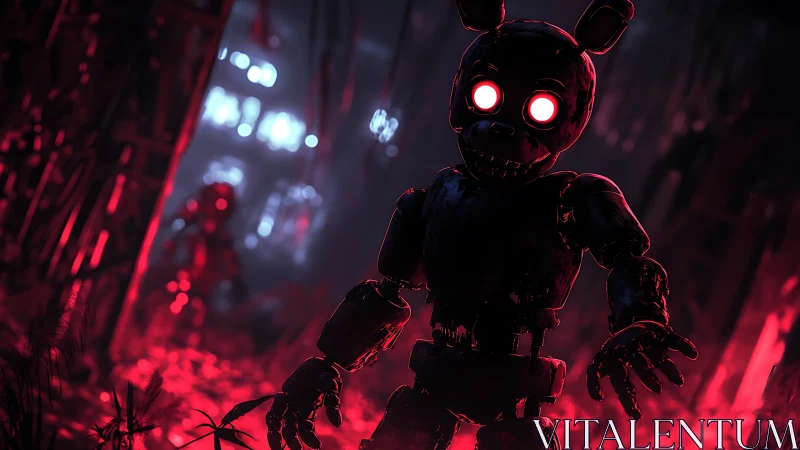 Animatronic figure in red lit industrial corridor at night.