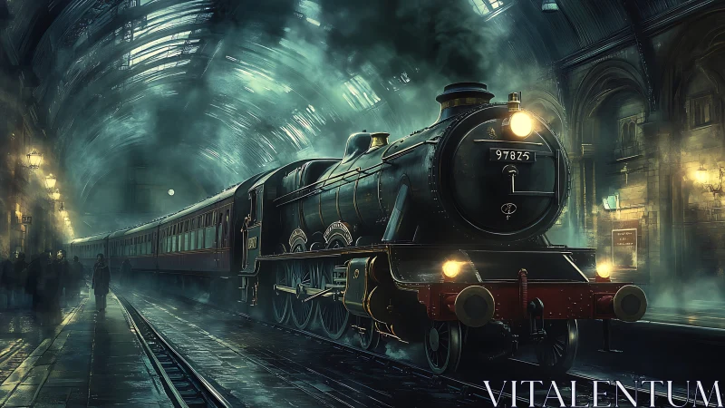 Steam locomotive in cinematic fog-filled Victorian terminal.