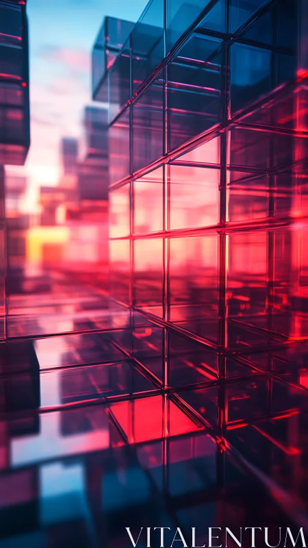 Glass cube architecture in neon gradient cityscape grid.