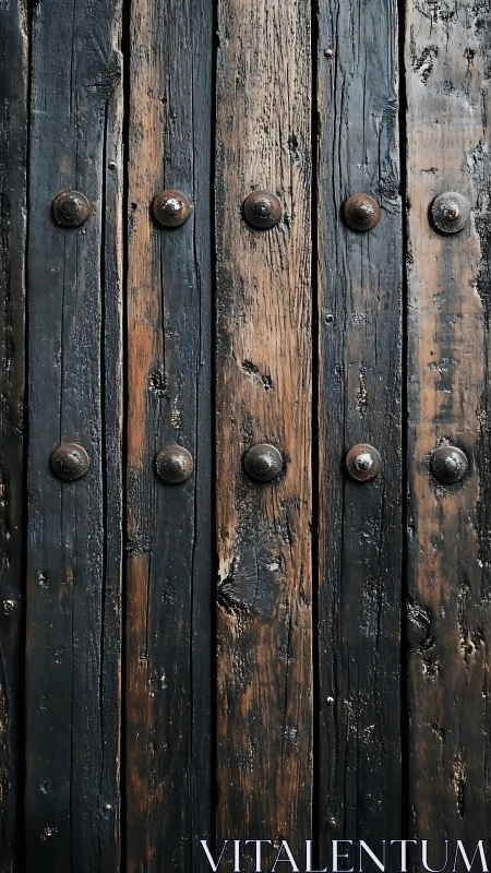 Weathered wooden planks with iron studs in vertical pattern.