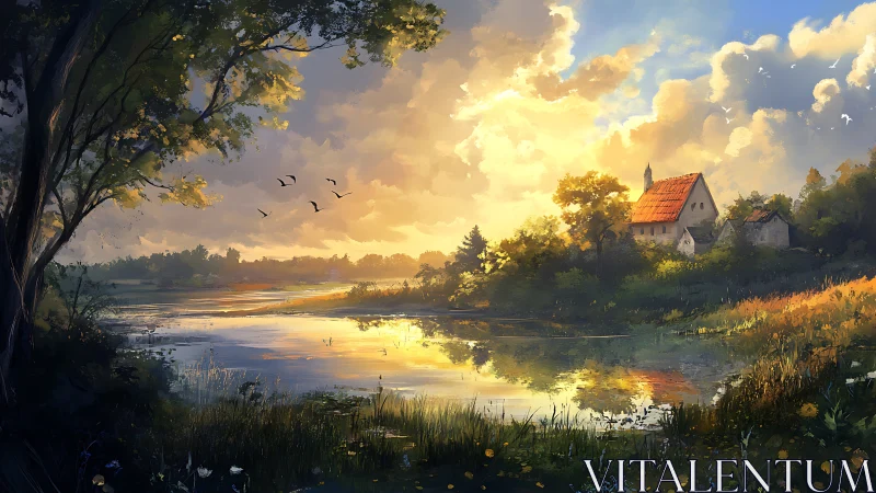 Peaceful countryside lake at sunset with village house.