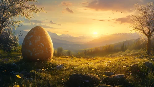 Sunrise guardianship of a colossal golden meadow egg.