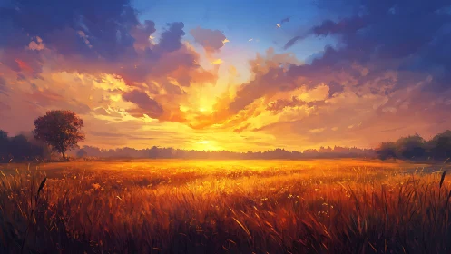 Sunfire horizon pouring gold over a dreaming meadow.