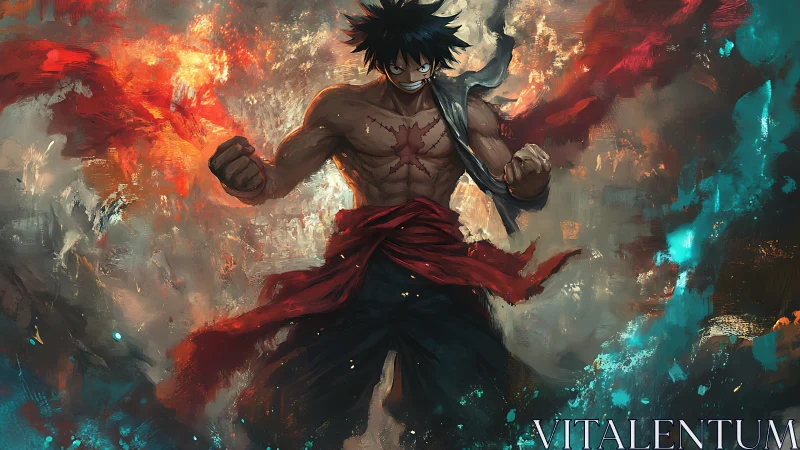 Storm-scarred fighter strides through twin tides of fire.