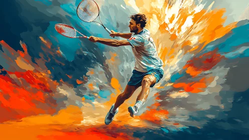 Explosive badminton rally amid swirling abstract colors.