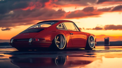 Low-slung crimson classic prowls a mirror-bright sunset road.