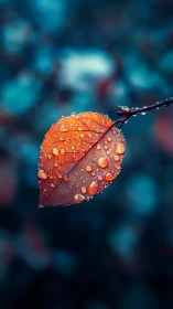 Single wet autumn leaf on branch against blurred blue background.
