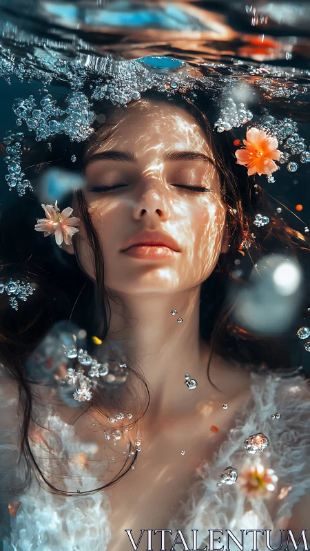 Woman underwater with flowers and dappled sunlight glow.