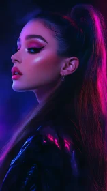 Neon-lit side profile of glamorous woman in glossy jacket.