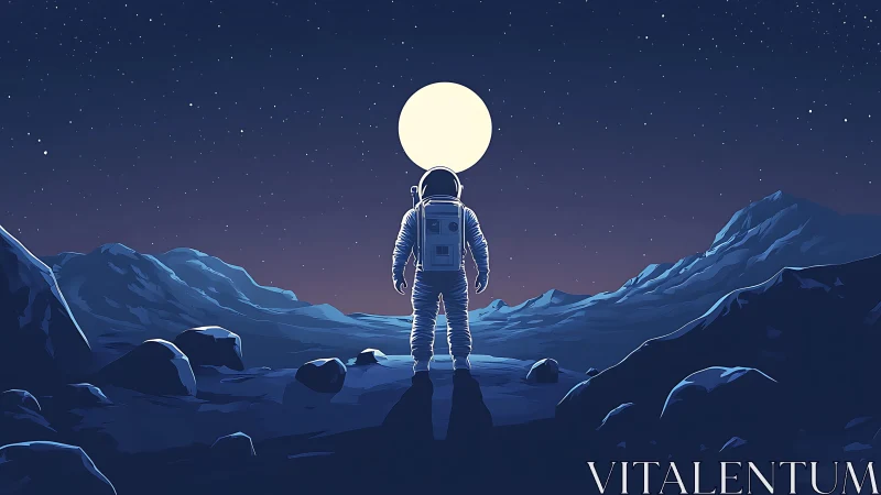 Astronaut stands on rocky alien landscape under bright moon.