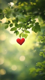 A Single Red Heart Hangs Gently from Green Branches